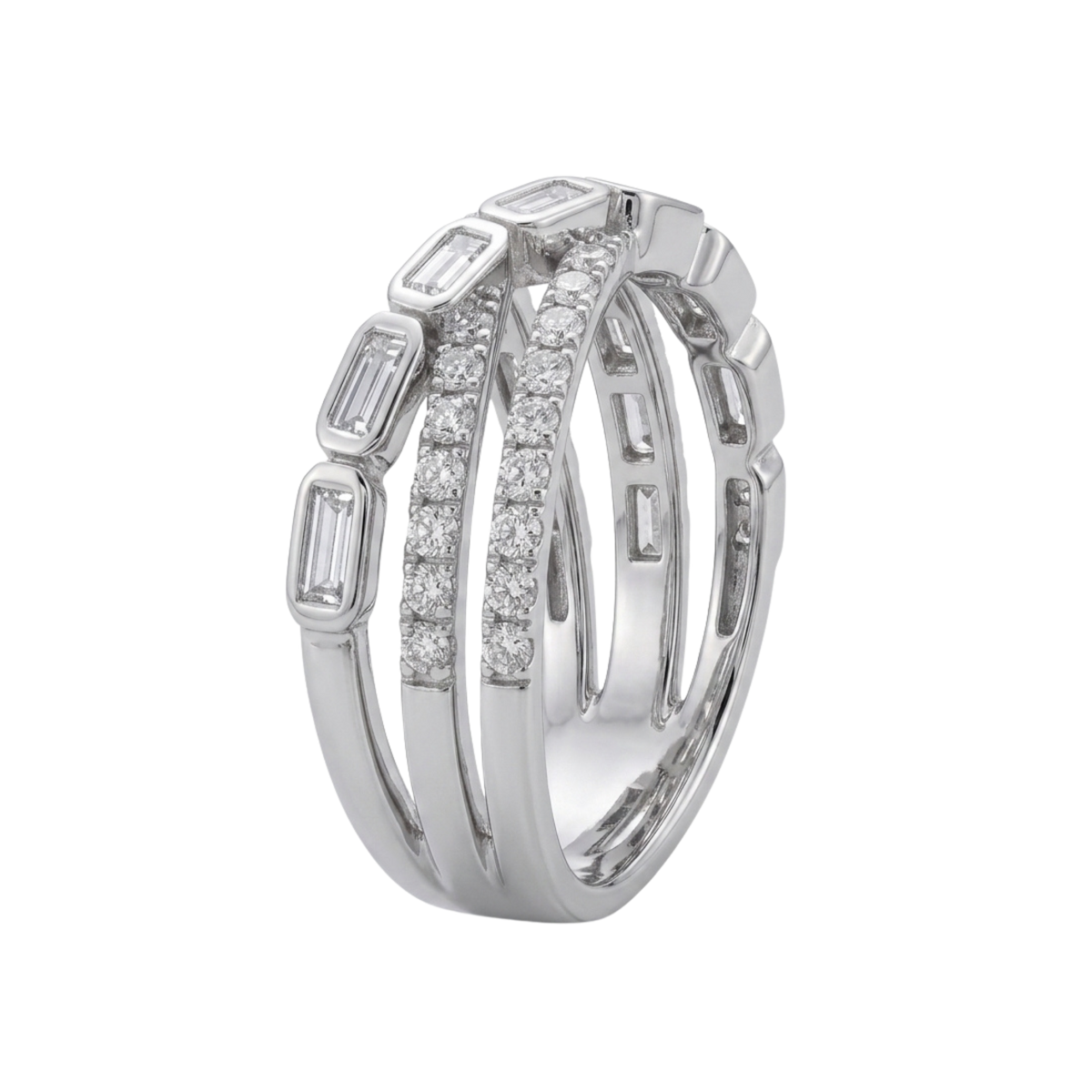 A silver-toned multi-band ring featuring three interlocking bands: one with baguette-cut clear stones, one with a channel of round clear stones, and one with a polished smooth section, shown on a plain white background.