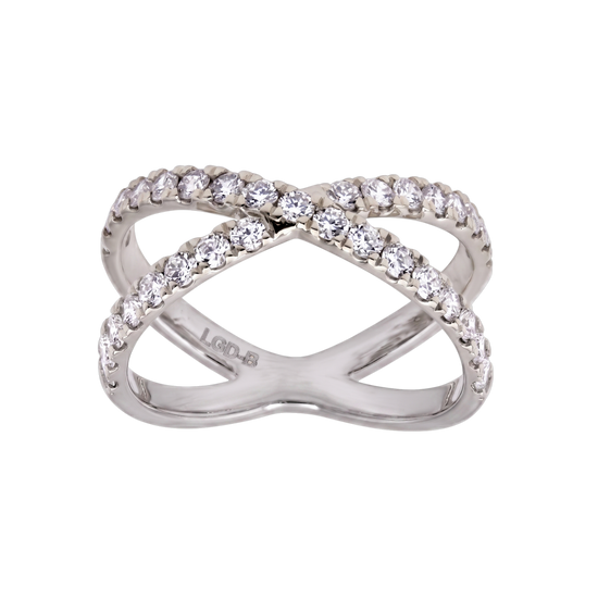 A silver-toned infinity-style ring featuring rows of clear pavé-set round diamonds on both loops, shown on a plain white background. The inside of the band is stamped with 'LOF8'.