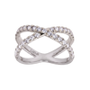 A silver-toned infinity-style ring featuring rows of clear pavé-set round diamonds on both loops, shown on a plain white background. The inside of the band is stamped with 'LOF8'.