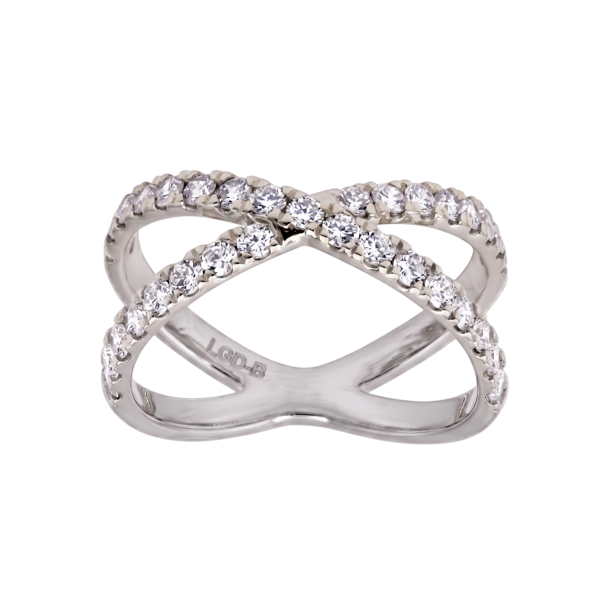 A silver-toned infinity-style ring featuring rows of clear pavé-set round diamonds on both loops, shown on a plain white background. The inside of the band is stamped with 'LOF8'.