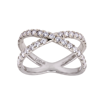 A silver-toned infinity-style ring featuring rows of clear pavé-set round diamonds on both loops, shown on a plain white background. The inside of the band is stamped with 'LOF8'.
