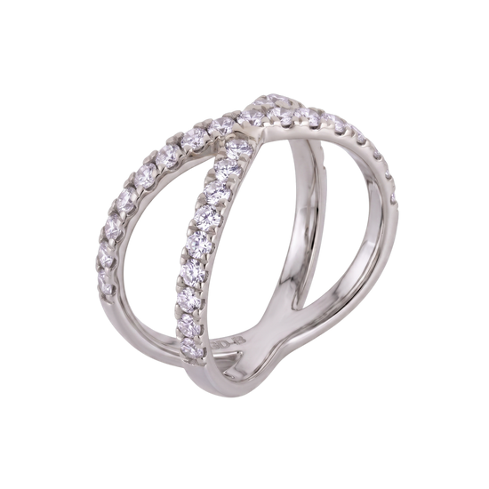 A silver-toned ring with three interlocking curved bands, each set with clear pavé gemstones, shown on a plain white background.
