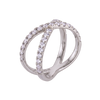 A silver-toned ring with three interlocking curved bands, each set with clear pavé gemstones, shown on a plain white background.