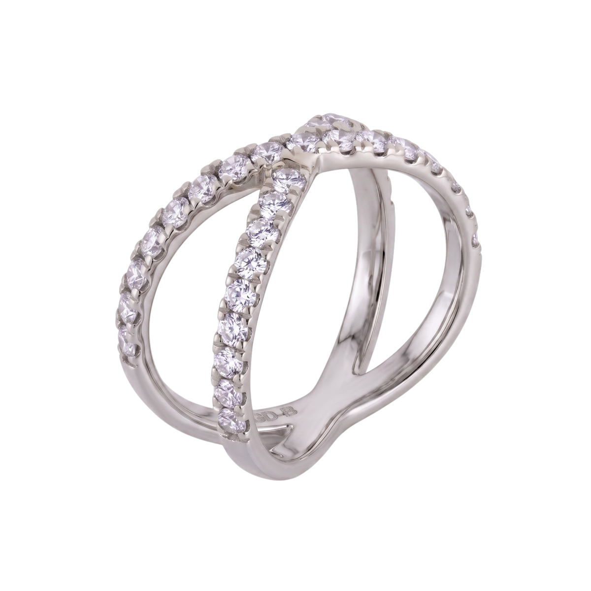 A silver-toned ring with three interlocking curved bands, each set with clear pavé gemstones, shown on a plain white background.