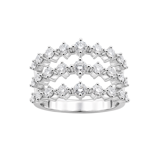 A silver-tone triple-row diamond ring set with marquise and round-cut stones, shown on a plain white background.