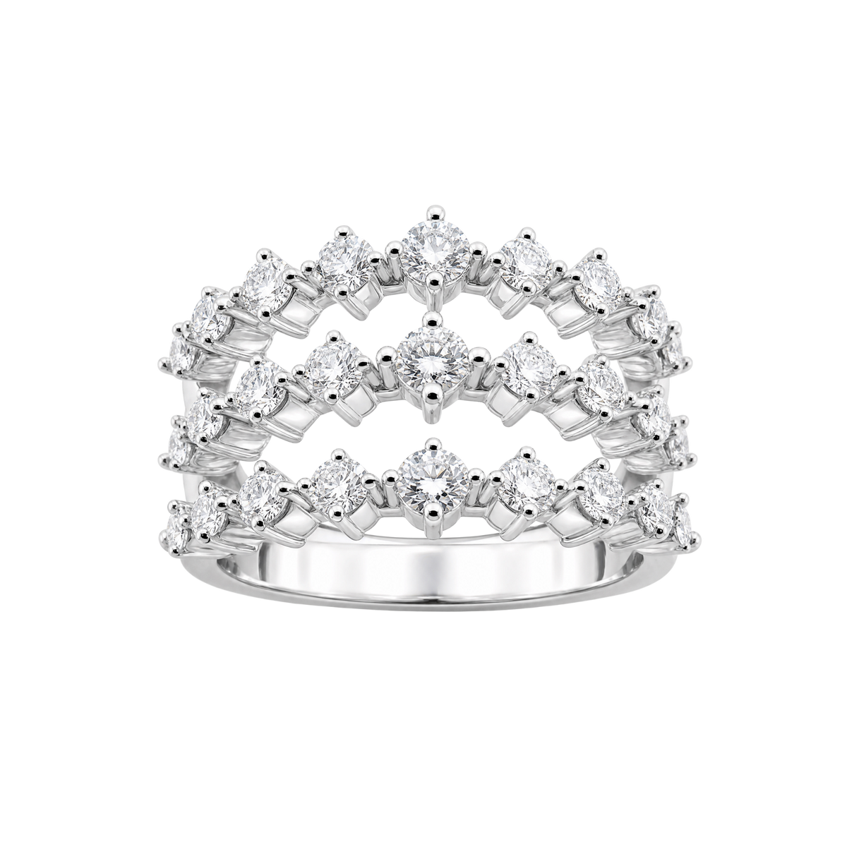 A silver-tone triple-row diamond ring set with marquise and round-cut stones, shown on a plain white background.