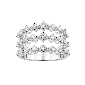 A silver-tone triple-row diamond ring set with marquise and round-cut stones, shown on a plain white background.