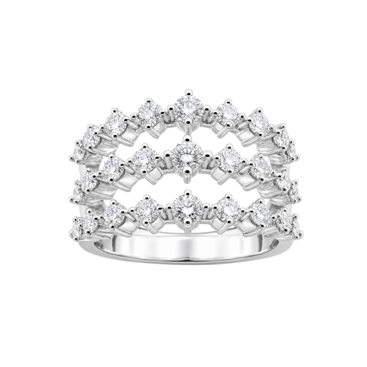 A silver-tone triple-row diamond ring set with marquise and round-cut stones, shown on a plain white background.