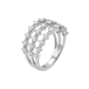 A silver-tone ring featuring three parallel bands with rows of clear round-cut and baguette-cut stones, shown on a plain white background.