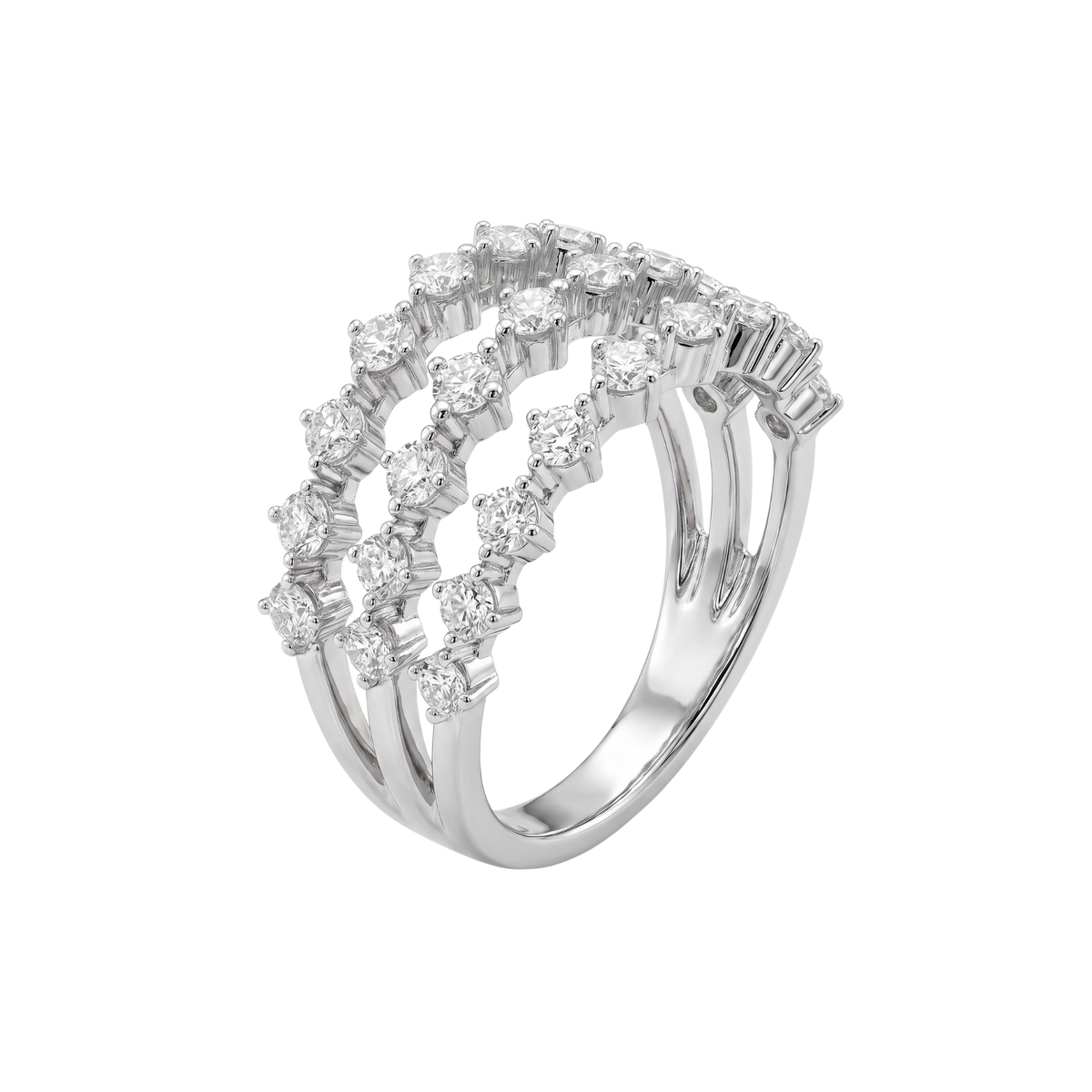 A silver-tone ring featuring three parallel bands with rows of clear round-cut and baguette-cut stones, shown on a plain white background.