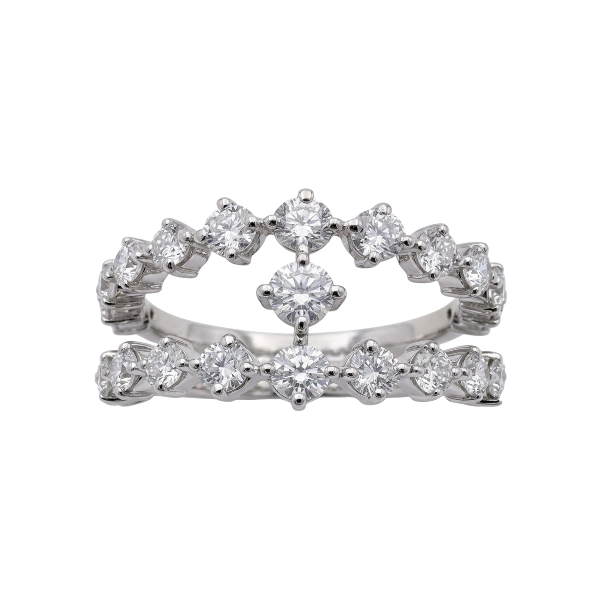 A silver-tone double row diamond stack ring with a central diamond and smaller diamonds along the curved bands, shown on a plain white background.