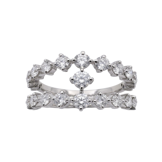 A silver-tone double row diamond stack ring with a central diamond and smaller diamonds along the curved bands, shown on a plain white background.