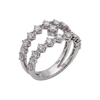 A silver-tone ring featuring three interlocking curved rows of round-cut clear gemstones, photographed on a plain white background.