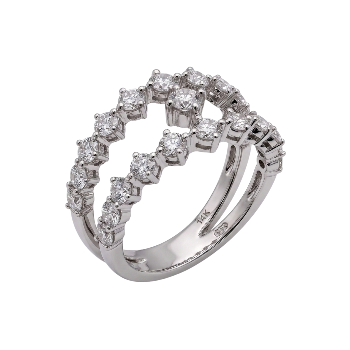 A silver-tone ring featuring three interlocking curved rows of round-cut clear gemstones, photographed on a plain white background.