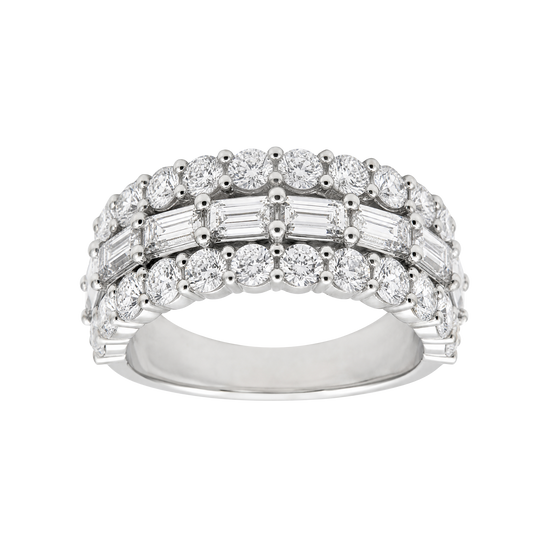 A silver-tone double row diamond eternity ring with round and baguette-cut stones, shown on a plain white background.
