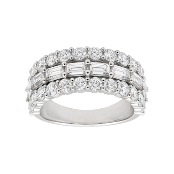 A silver-tone double row diamond eternity ring with round and baguette-cut stones, shown on a plain white background.