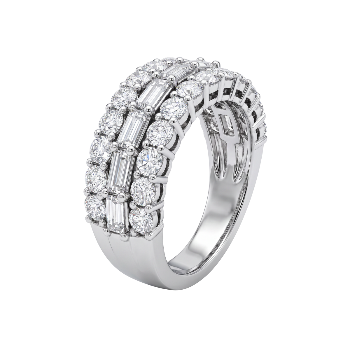 A silver-toned double-row diamond band ring featuring round and baguette-cut diamonds, shown on a plain white background.