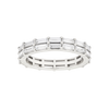 A silver eternity ring featuring baguette-cut clear gemstones set in a polished silver band, shown against a plain white background.