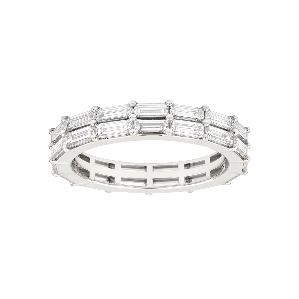 A silver eternity ring featuring baguette-cut clear gemstones set in a polished silver band, shown against a plain white background.