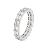 A silver eternity ring featuring baguette-cut clear stones set in a polished silver band, shown on a pure white background.