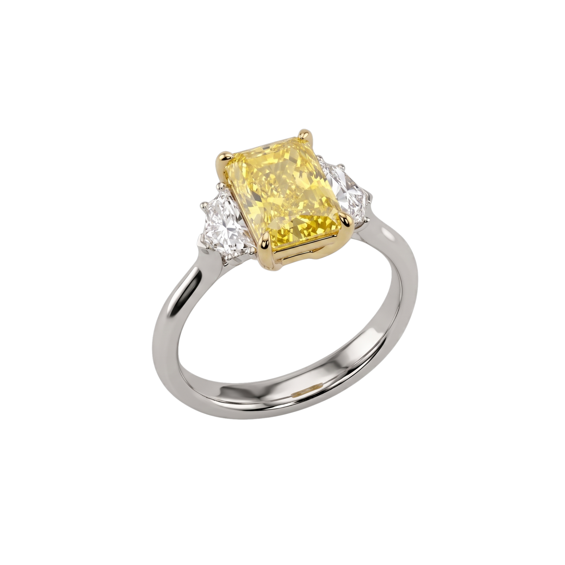 A three-quarter angled view of a three-stone engagement ring on a black background. The ring features a light, pastel yellow emerald-cut center diamond secured by yellow gold prongs, with clear white diamonds set on either side. The ring has a rounded, polished white metal band.