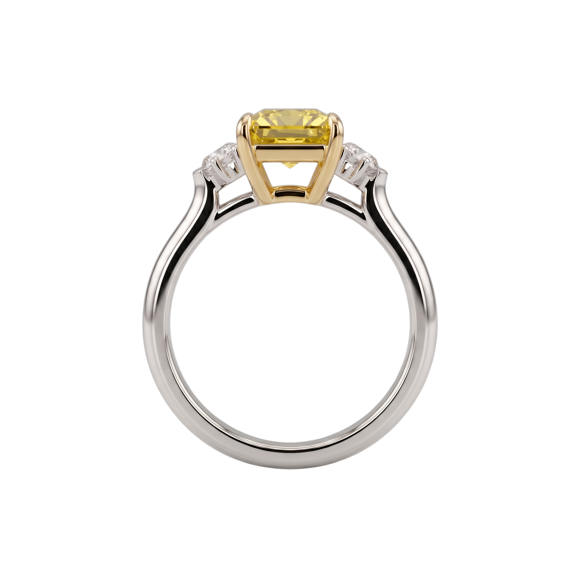 A profile view of an engagement ring showing the full circular white metal band and the side of the setting against a black background. The center stone is a pastel yellow emerald-cut diamond resting in an elevated yellow gold basket setting with an open gallery. Clear white side diamonds are visible sloping down the shoulders of the band.