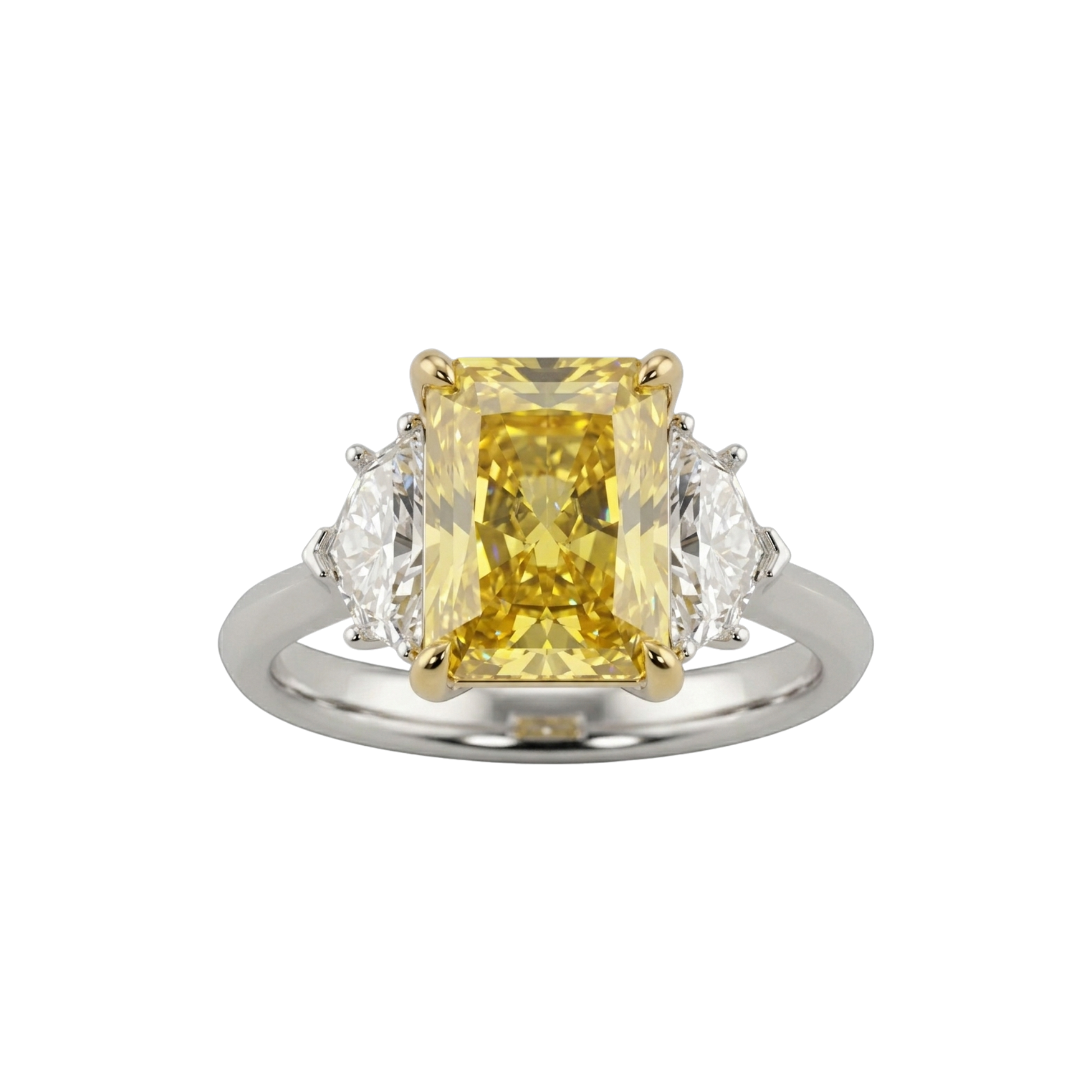 A top-down view of a three-stone engagement ring against a solid black background. The center features a large, pastel yellow emerald-cut diamond set in four yellow gold prongs. It is flanked by two smaller, clear white diamond side stones. The band of the ring is a smooth, polished white metal.