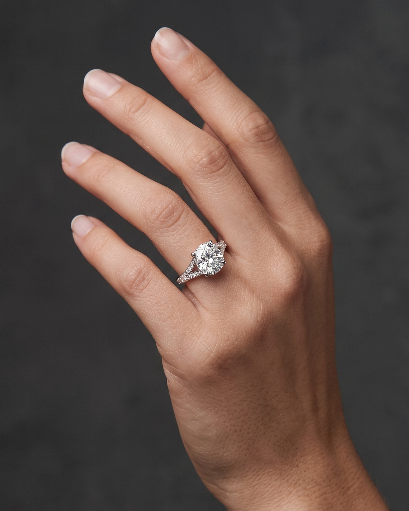 A close-up editorial photograph of a woman's elegantly posed hand against a smooth, dark charcoal gray background. She is wearing a luxurious silver-tone engagement ring featuring a large, brilliant elongated cushion-cut center diamond and a diamond-encrusted split-shank band.
