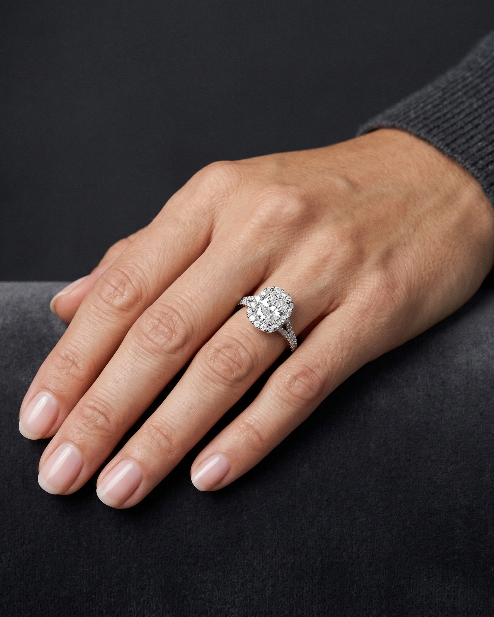 A close-up photograph of a woman's hand resting gracefully on a plush, dark gray surface, showcasing a sparkling diamond engagement ring on her ring finger. The ring features an elongated cushion-cut center diamond surrounded by a diamond halo, set on a split-shank band encrusted with smaller diamonds. Soft, diffused lighting highlights the brilliance of the ring and the natural texture of the skin against a smooth, dark charcoal gray background.