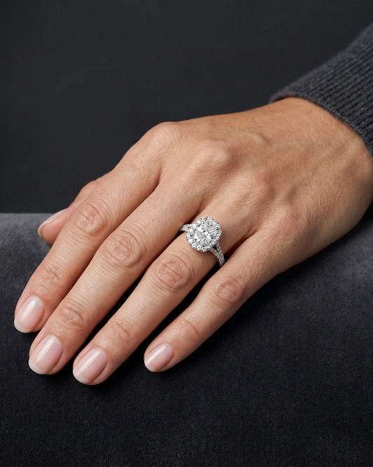 A close-up photograph of a woman's hand resting gracefully on a plush, dark gray surface, showcasing a sparkling diamond engagement ring on her ring finger. The ring features an elongated cushion-cut center diamond surrounded by a diamond halo, set on a split-shank band encrusted with smaller diamonds. Soft, diffused lighting highlights the brilliance of the ring and the natural texture of the skin against a smooth, dark charcoal gray background.