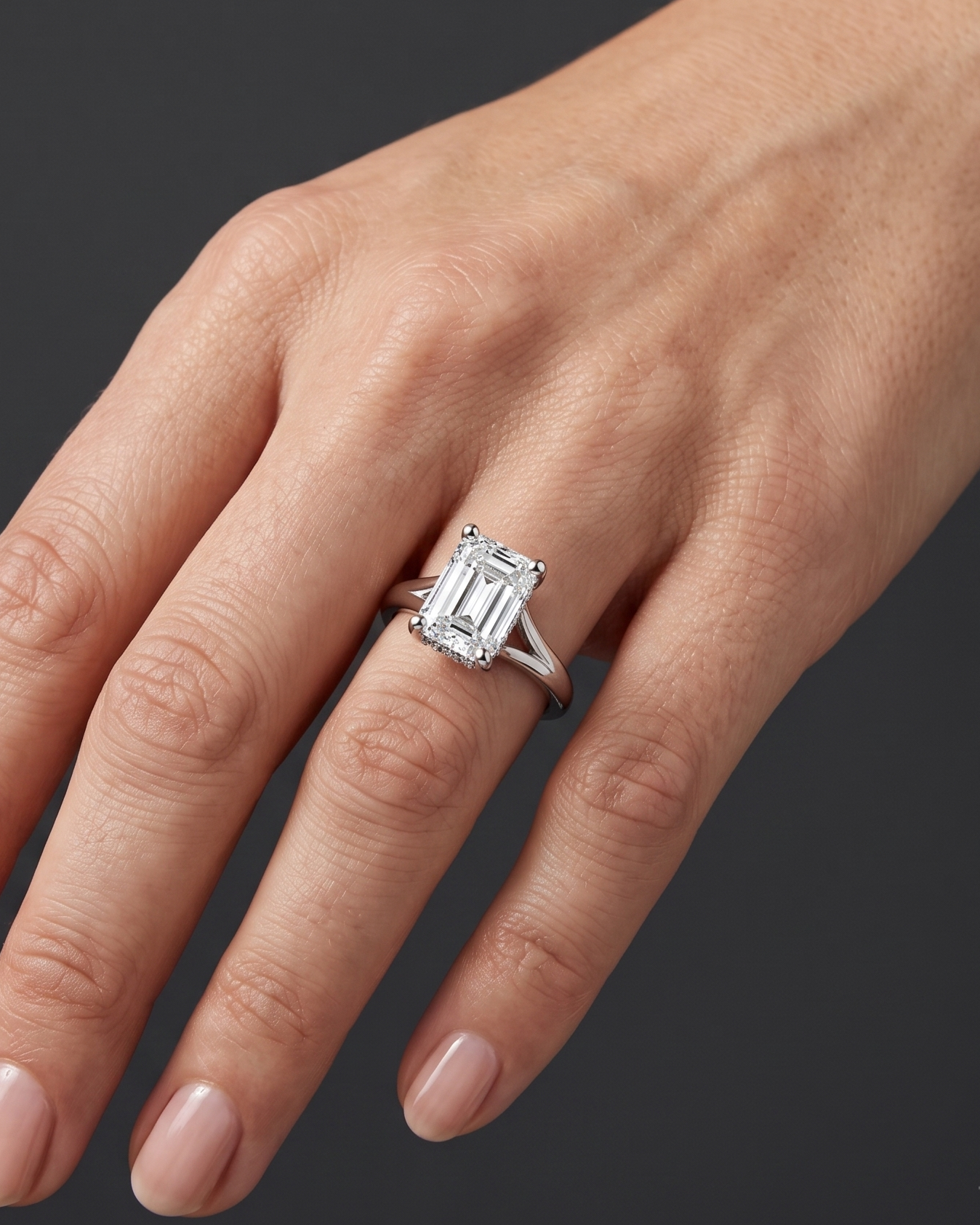 Close-up of a woman's hand wearing an emerald-cut diamond engagement ring with a split-shank band against a dark charcoal gray background.