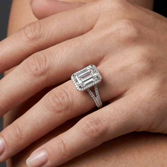 Elegant close-up of a woman's manicured hand with nude polish, resting gently on an arm. On her ring finger, a brilliant emerald-cut diamond ring with a halo setting is prominently displayed.