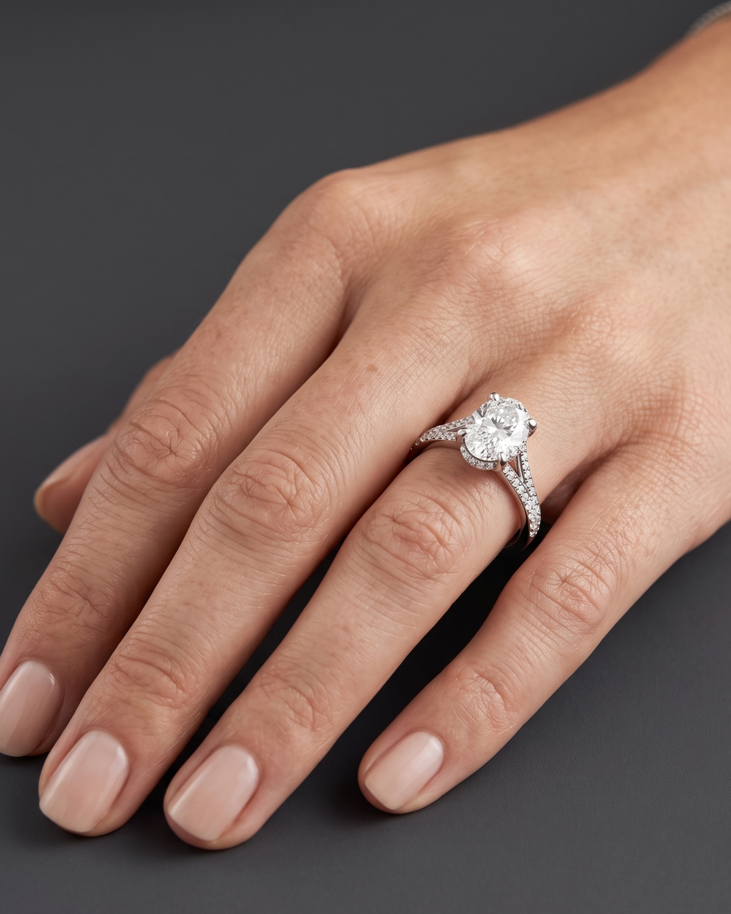 Close-up of a woman's hand resting elegantly against a smooth, dark charcoal gray background, showcasing a brilliant engagement ring. The ring features a large oval-cut center diamond set in white gold or platinum, detailed with a diamond-encrusted split-shank band and a hidden halo.
