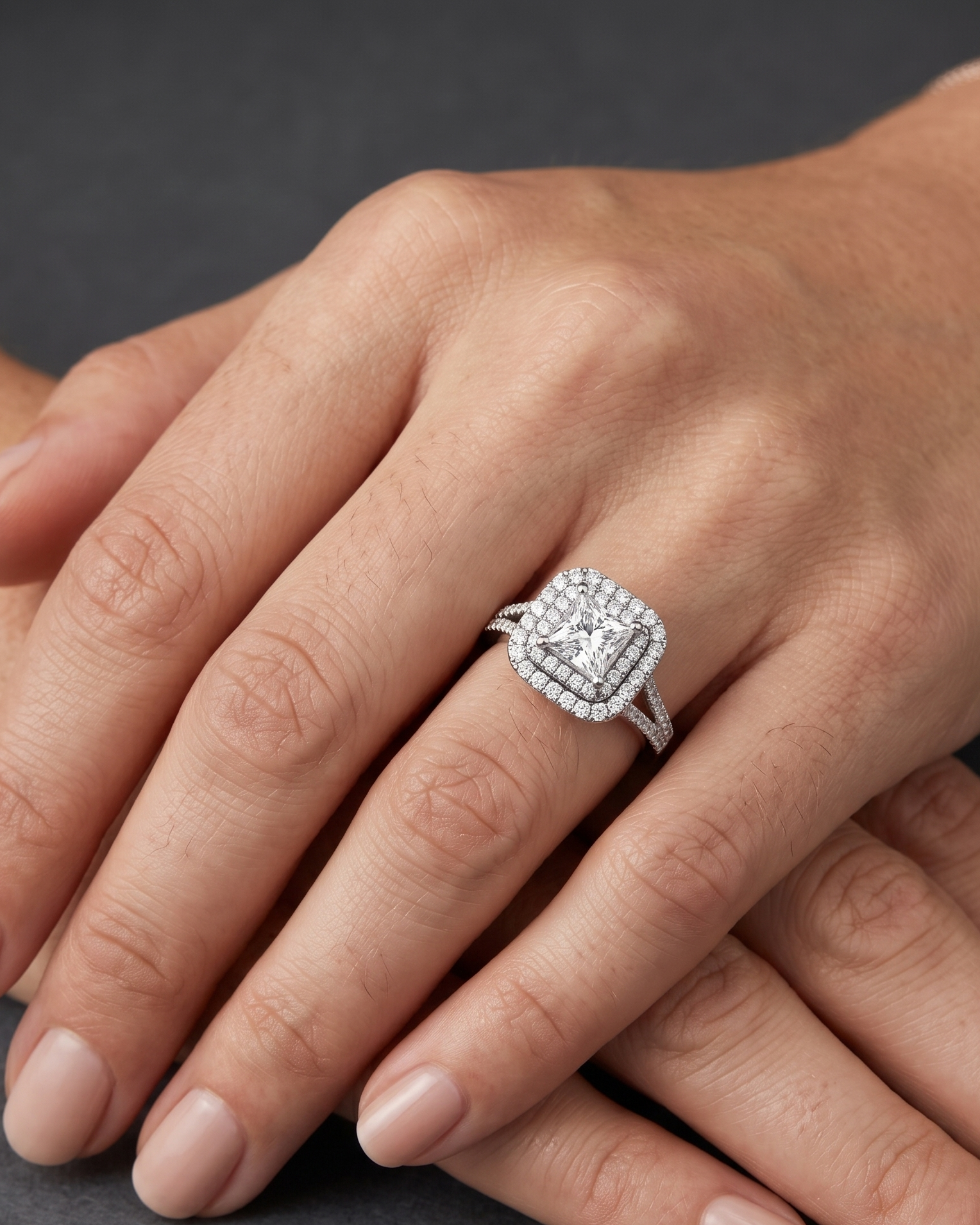 A close-up editorial photo of a woman's hands resting gracefully on a dark charcoal background. On her ring finger, she wears a striking engagement ring featuring a princess-cut center diamond surrounded by a double halo of smaller diamonds.