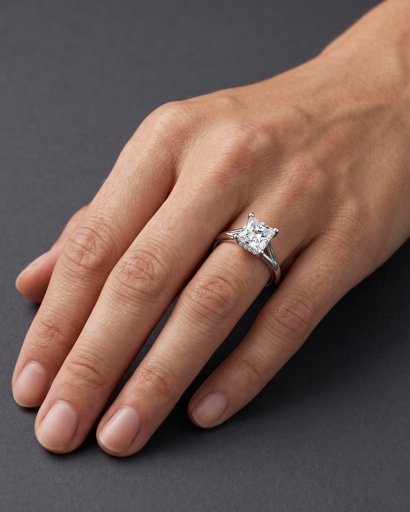 A close-up editorial photo of a woman's hand resting gracefully against a smooth, charcoal gray background. She is wearing a polished white gold or silver engagement ring featuring a large, sparkling princess-cut diamond with a split-shank band.