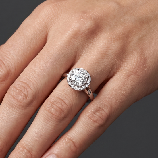 A close-up of a woman's elegantly posed hand wearing a round-cut diamond halo engagement ring on a split-shank band, set against a smooth, dark charcoal gray background.