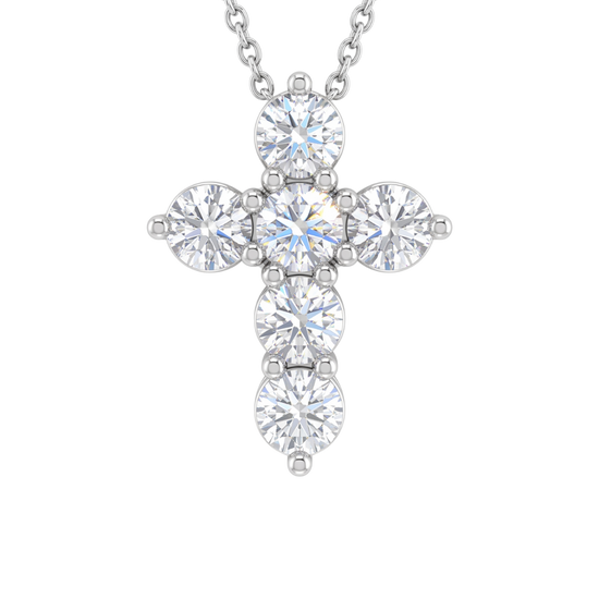 Front-facing view of a delicate white gold chain necklace featuring a gleaming cross pendant constructed from six beautiful round, brilliant-cut sparkling diamonds.