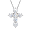 Front-facing view of a delicate white gold chain necklace featuring a gleaming cross pendant constructed from six beautiful round, brilliant-cut sparkling diamonds.