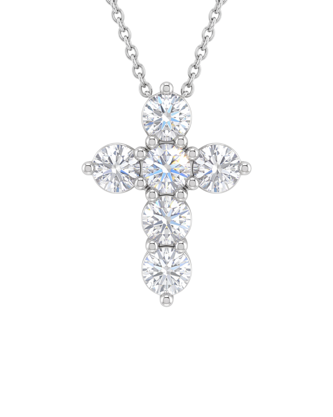 Front-facing view of a delicate white gold chain necklace featuring a gleaming cross pendant constructed from six beautiful round, brilliant-cut sparkling diamonds.