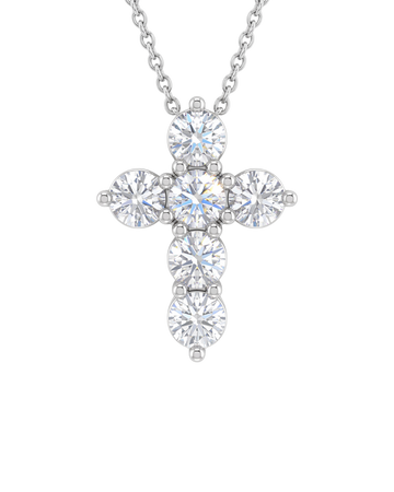 Front-facing view of a delicate white gold chain necklace featuring a gleaming cross pendant constructed from six beautiful round, brilliant-cut sparkling diamonds.
