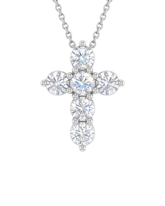 Front-facing view of a delicate white gold chain necklace featuring a gleaming cross pendant constructed from six beautiful round, brilliant-cut sparkling diamonds.