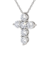 Angled view of a white gold diamond cross necklace pendant. The perspective highlights the depth of the sparkling round diamonds and the secure prong settings holding them.