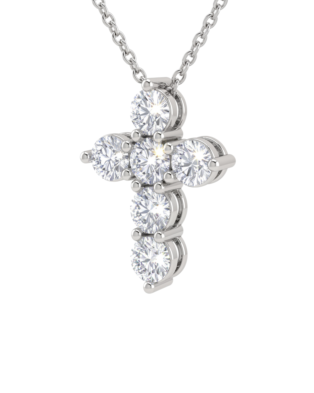 Angled view of a white gold diamond cross necklace pendant. The perspective highlights the depth of the sparkling round diamonds and the secure prong settings holding them.
