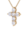 Angled view of a yellow gold diamond cross necklace pendant. The perspective highlights the depth of the sparkling round diamonds and the secure prong settings holding them.
