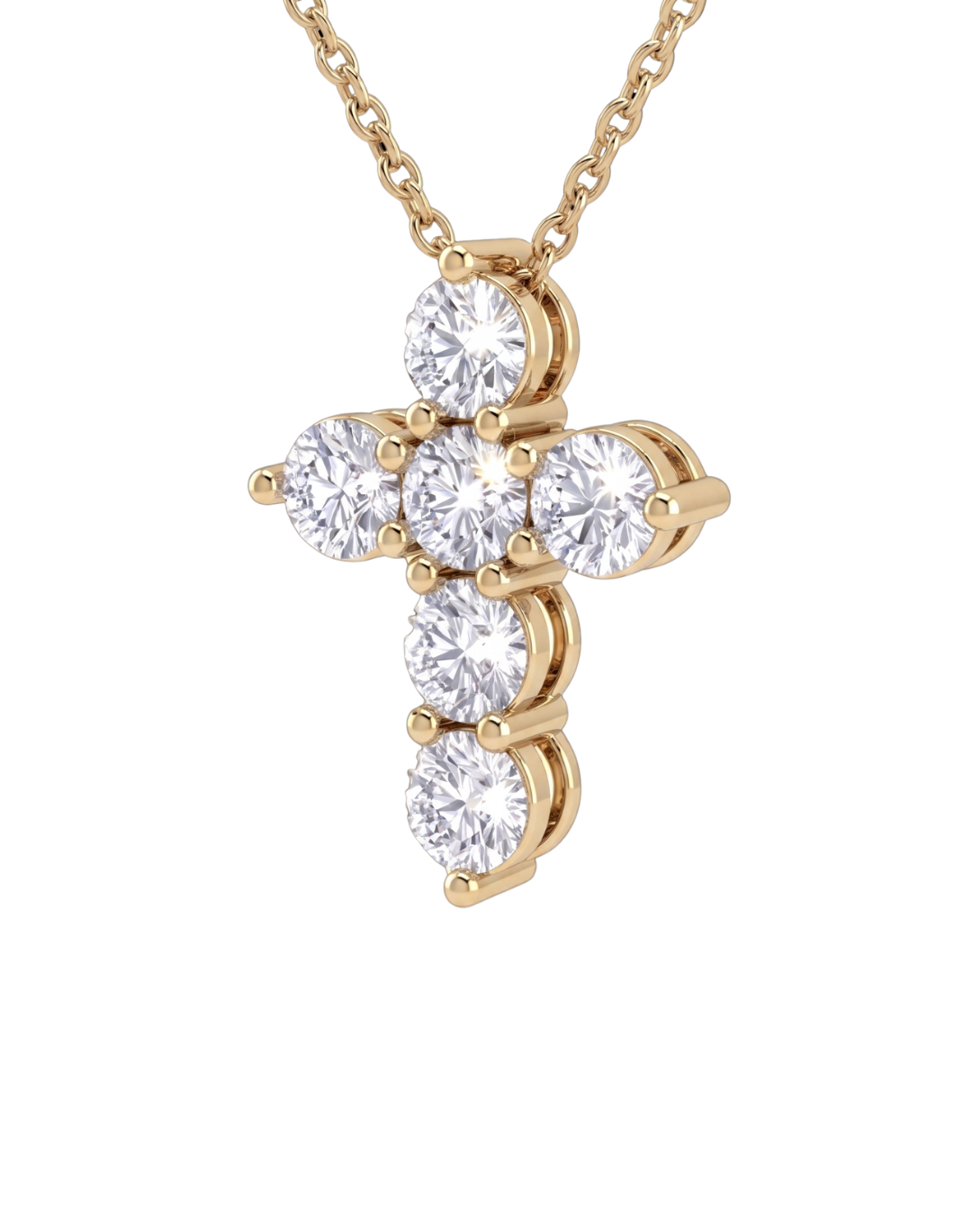 Angled view of a yellow gold diamond cross necklace pendant. The perspective highlights the depth of the sparkling round diamonds and the secure prong settings holding them.