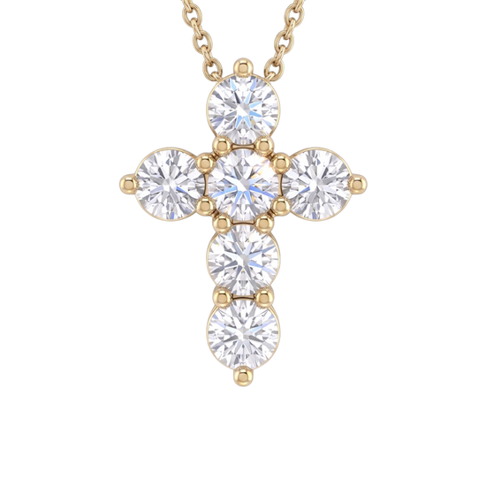 Front-facing view of a delicate yellow gold chain necklace featuring a gleaming cross pendant constructed from six beautiful round, brilliant-cut sparkling diamonds.