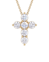 Front-facing view of a delicate yellow gold chain necklace featuring a gleaming cross pendant constructed from six beautiful round, brilliant-cut sparkling diamonds.