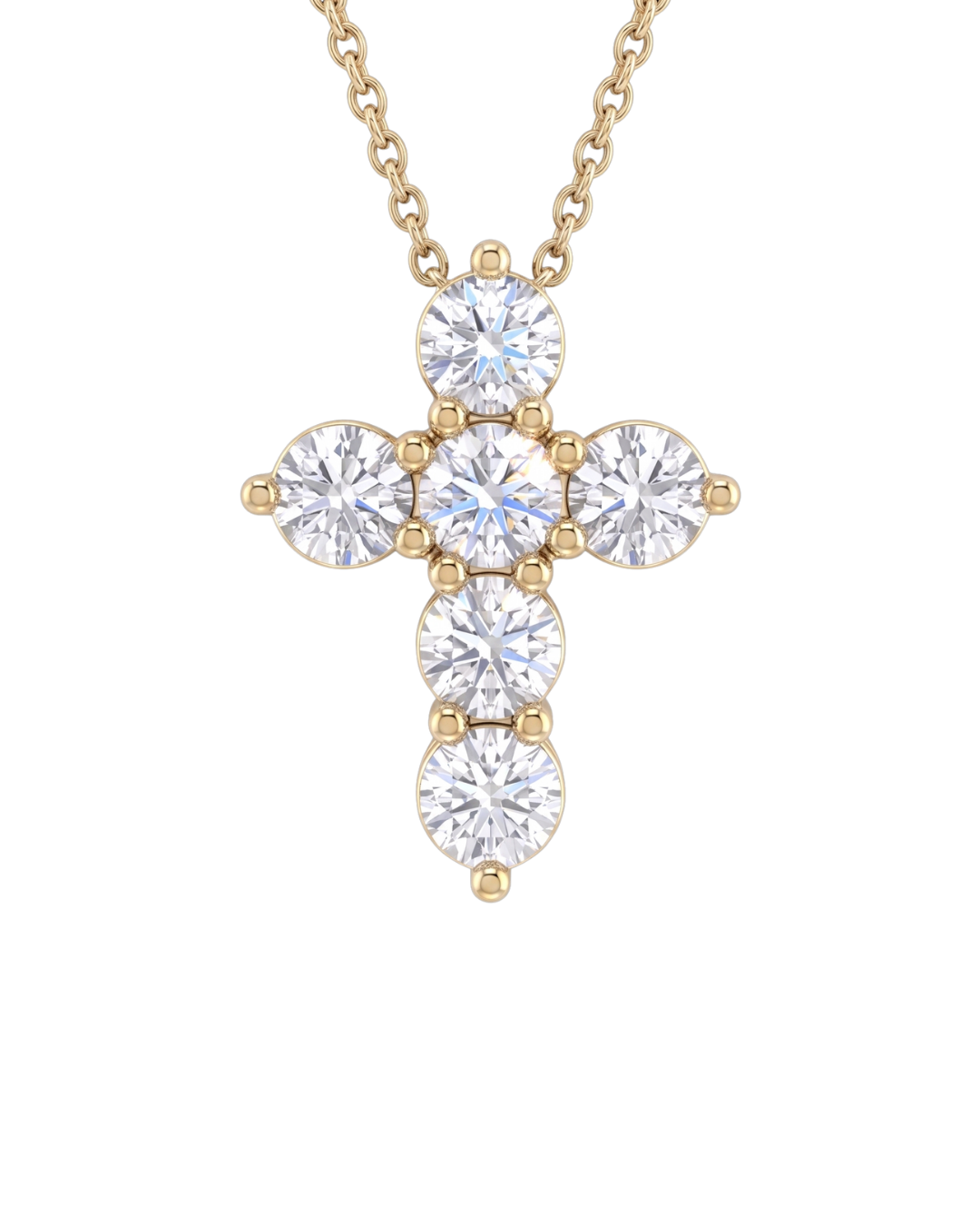Front-facing view of a delicate yellow gold chain necklace featuring a gleaming cross pendant constructed from six beautiful round, brilliant-cut sparkling diamonds.